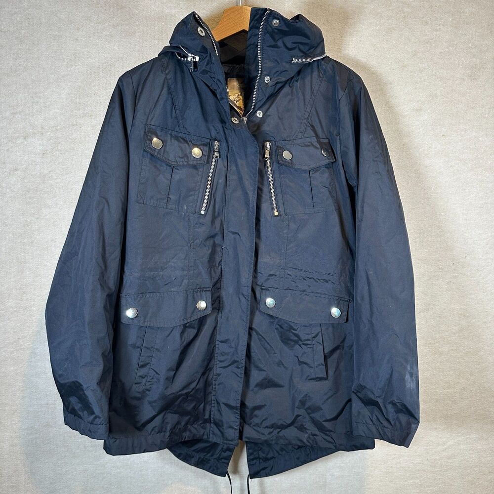 Celsius Premium Womens L Navy Hooded Utility Jacket Zip Snap Pockets Rain Coat